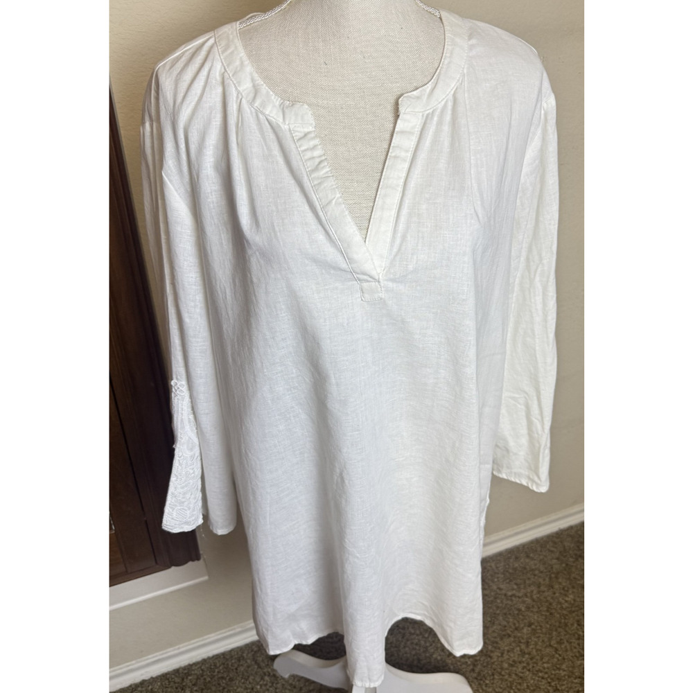 Ivory Linen Cotton tunic blouse embroidered‎ lace trim popover cottagecore XL